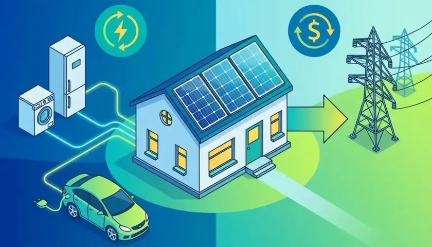Maison avec panneaux solaires, voiture électrique et électroménagers. Flèche verte vers pylône électrique, symbolisant le tarif rachat électricité.