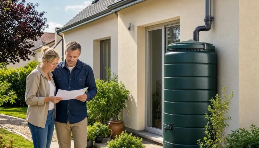 Un couple examine des papiers près d'une installation récupérateur eau de pluie verte, connectée à la gouttière de leur maison.