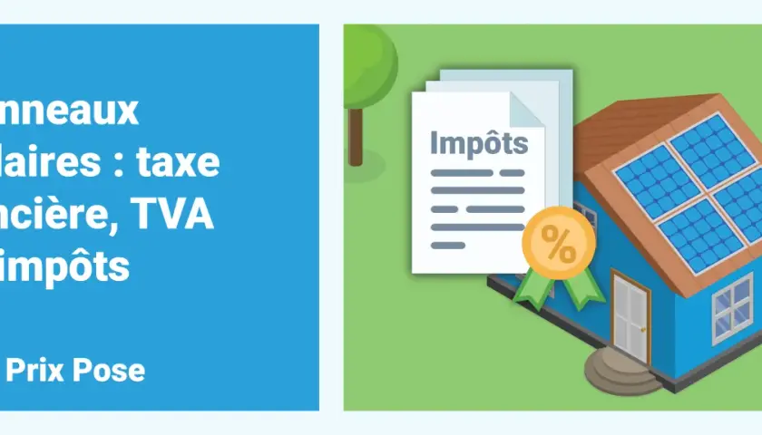 Maison avec panneaux solaires, document "Impôts" et médaille avec pourcentage. Comprendre la taxe foncière et les impôts liés aux panneaux photovoltaïques.