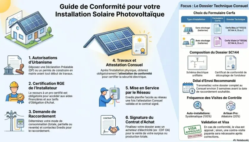 Guide pour l'installation solaire photovoltaïque, incluant les étapes, les formulaires Cerfa (ute c15-712-1) et la composition du dossier.