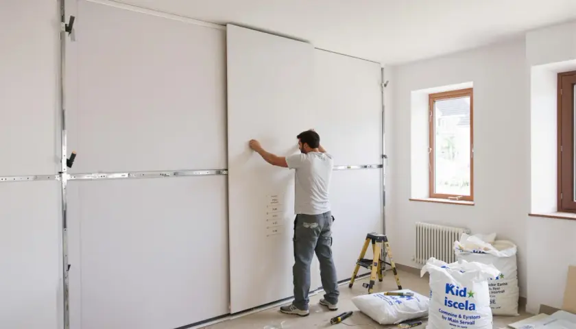 Pose d'une cloison intérieure pour un meilleur isolation phonique. Un ouvrier ajuste un panneau blanc sur une structure métallique.