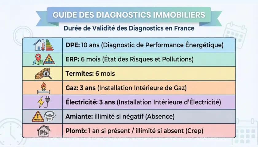 Guide des diagnostics immobiliers : combien de temps dure un diagnostic énergétique (DPE) ? 10 ans. D'autres diagnostics ont des durées plus courtes.