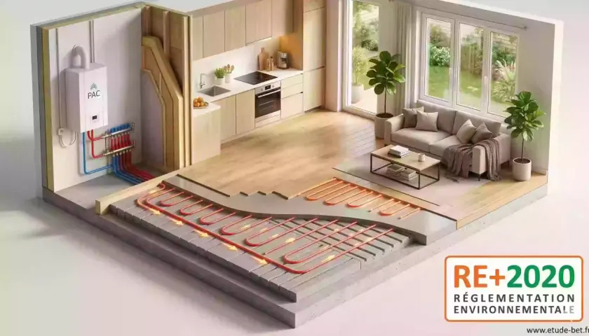 Système de chauffage au sol avec pompe à chaleur (PAC) alimentant un plancher chauffant dans une maison moderne.