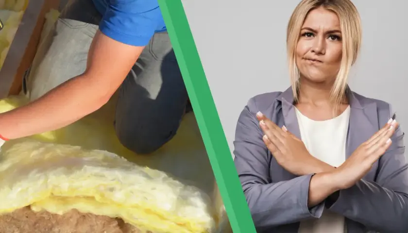 Comment isoler maison ancienne : un artisan pose de l'isolant jaune, tandis qu'une femme fait un signe d'interdiction.