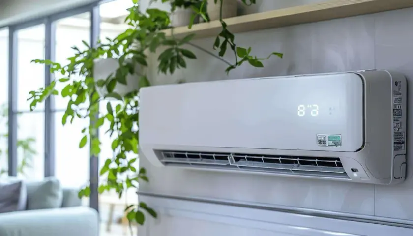 Un climatiseur split blanc, orné de plantes vertes retombantes, diffuse une fraîcheur bienvenue dans un salon moderne.