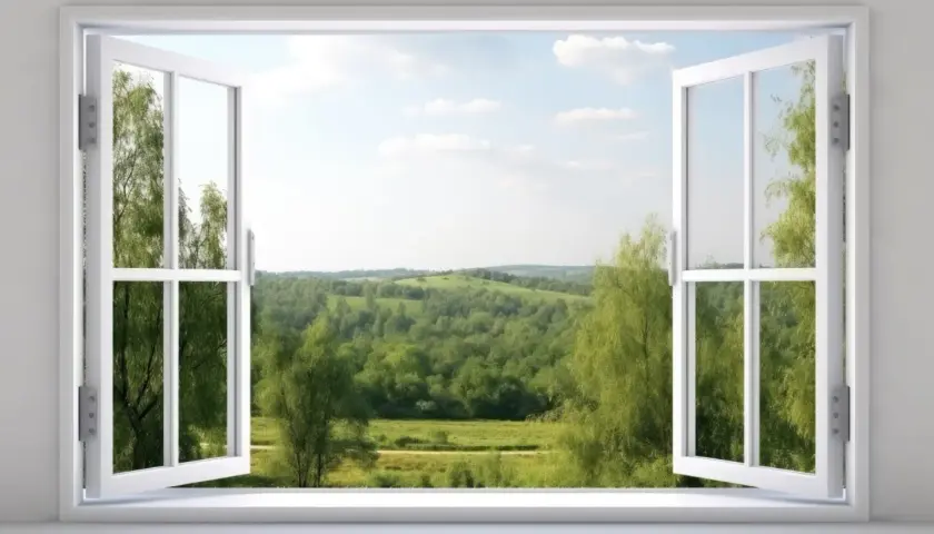 Vue d'une campagne verdoyante à travers une fenêtre à l'anglaise ouverte. Le soleil brille sur les collines et les arbres.