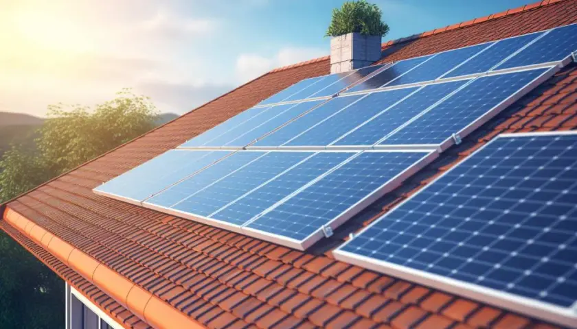 Panneaux solaires bleus brillants sur un toit de tuiles rouges, symbolisant une maison autonome et écologique sous un ciel bleu clair.