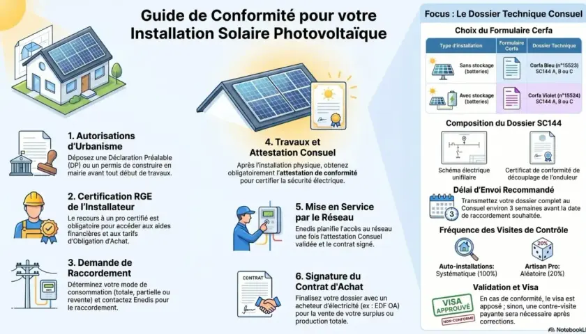 Guide pour l'installation solaire photovoltaïque, étapes clés et documents nécessaires. Ce guide assure la défense consommateur panneaux photovoltaïques.