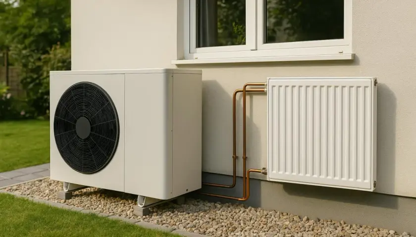Unité extérieure d'une pompe à chaleur haute température, connectée à un radiateur blanc par des tuyaux en cuivre.