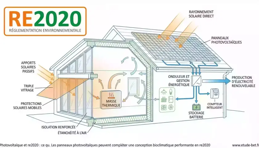 Maison RE2020 : panneaux photovoltaïques en silicium sur le toit, gestion énergétique, stockage batterie, isolation renforcée, apports solaires passifs.