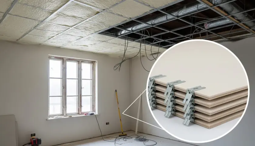 Travaux de rénovation d'un appartement : pose de l'isolation du plafond avec des panneaux et fixation du faux plafond. Gros plan sur les clips de fixation.
