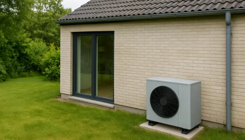 Une pompe à chaleur basse température, discrète et moderne, est installée à côté d'une maison en briques claires, sur une pelouse verte.