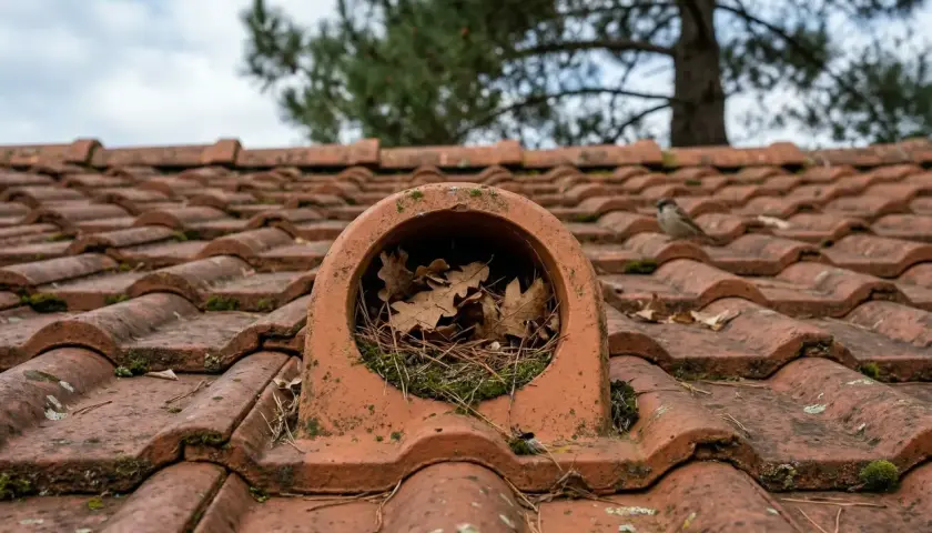 Un moineau sur un toit de tuiles rouges, près d'une chatière de toiture remplie de feuilles. La réglementation sur les chatières de toiture est importante pour la sécurité.