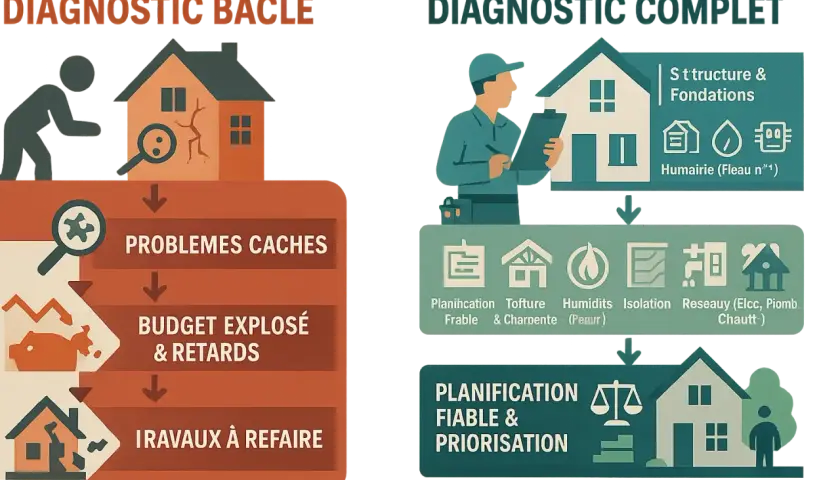 Diagnostic bâclé vs. complet pour une rénovation maison de maître. Le premier mène à des problèmes cachés, budget explosé et travaux à refaire. Le second assure une planification fiable.