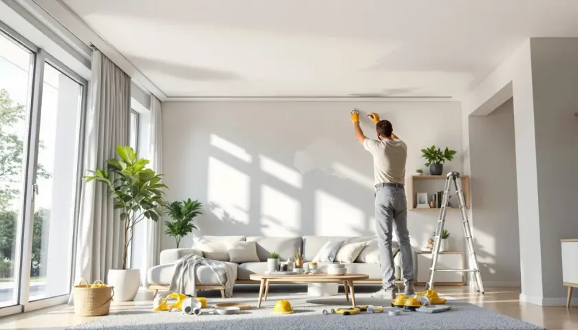 Un homme en gants jaunes s'apprête à refaire un plafond dans un salon lumineux. Des outils sont posés au sol.