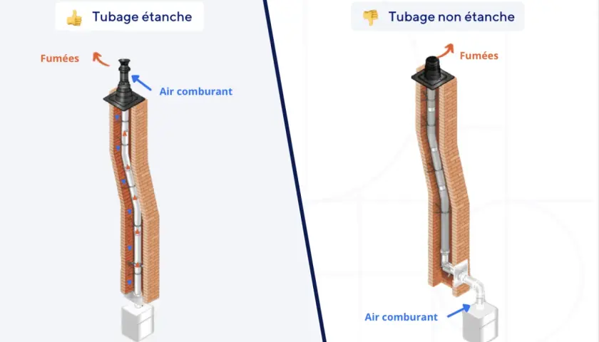 Comparaison de deux systèmes d'évacuation chaudiere condensation : tubage étanche (air comburant et fumées séparés) vs non étanche (mélange).