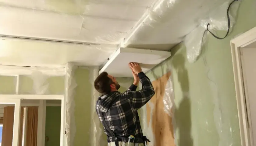 Un homme installe un panneau au plafond, entouré de bâches. Attention, la laine de verre peut présenter un danger pour les poumons si mal manipulée.