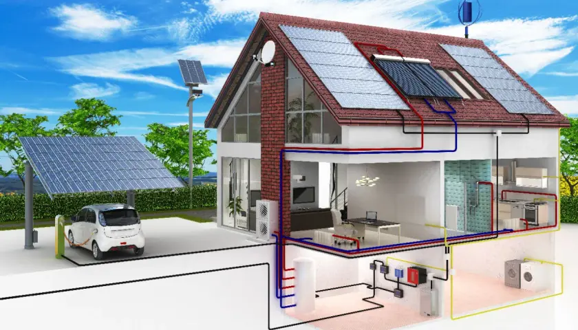 Maison passive avec panneaux solaires, borne de recharge pour voiture électrique et système de chauffage. Le prix d'une telle maison est un investissement durable.