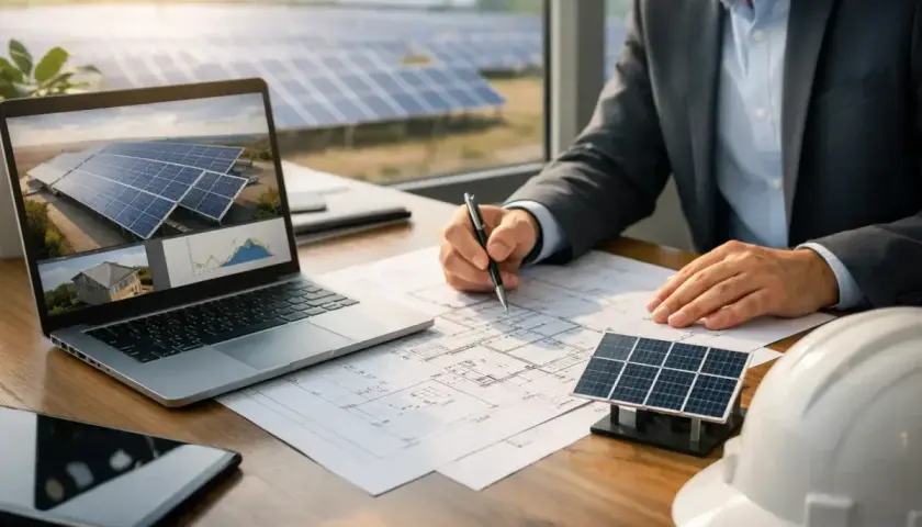 Ingénieur travaillant sur des plans pour un bureau d'étude panneaux photovoltaïques. L'écran de son ordinateur affiche des panneaux solaires et des graphiques.