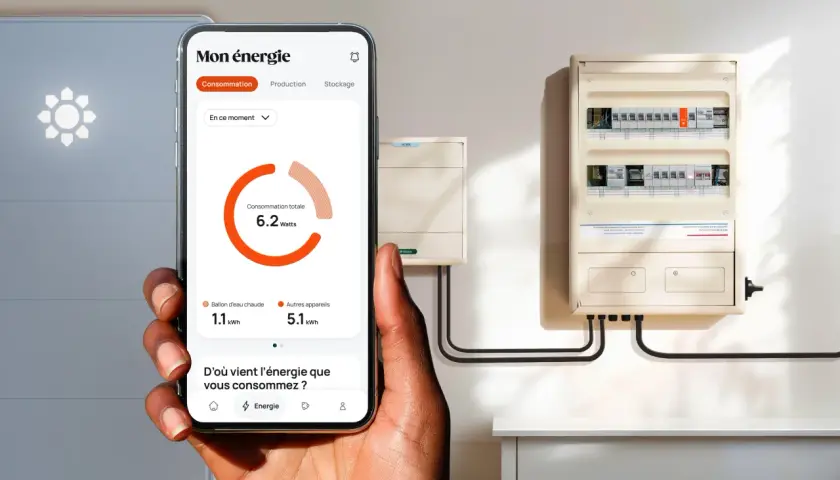 Le smartphone affiche "Mon énergie", montrant que les "Autres appareils" consomment le plus (5.1 kWh) dans une maison, devant le ballon d'eau chaude (1.1 kWh).