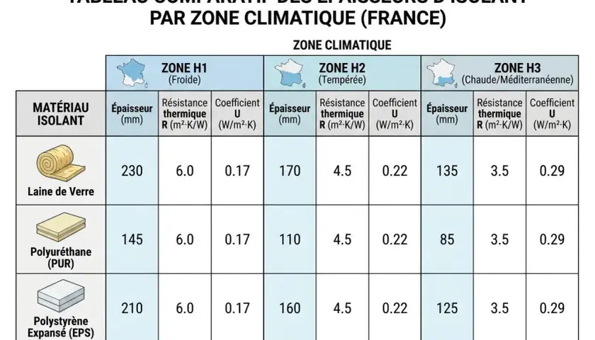 Tableau comparatif des épaisseurs d'isolants par zone climatique. Le coefficient U varie selon le matériau et la zone, influençant la performance thermique.