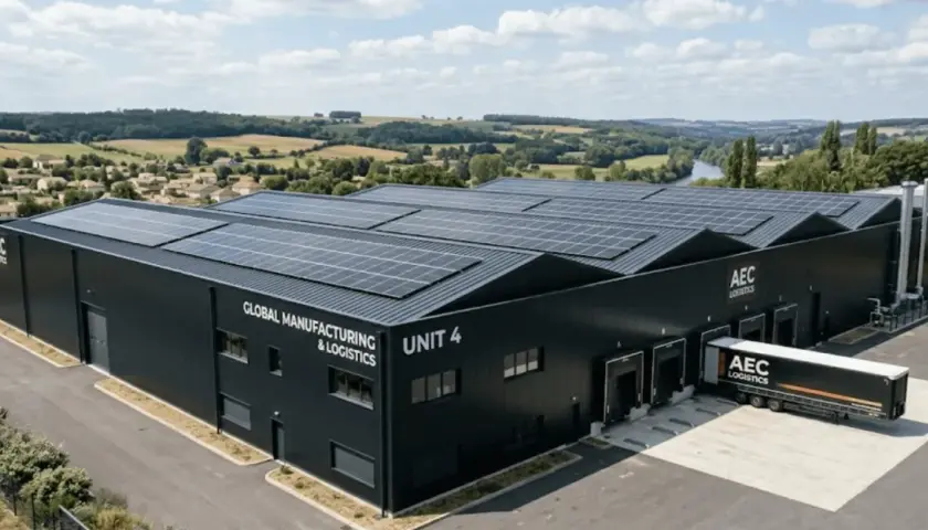 Bâtiment industriel noir avec panneaux solaires sur le toit, portant l'inscription "GLOBAL MANUFACTURING & LOGISTICS UNIT 4". Un camion AEC LOGISTICS est garé à quai.