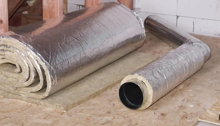 Rouleau d'isolant thermique et conduit de ventilation gainé, prêts pour une isolation multicouche efficace.