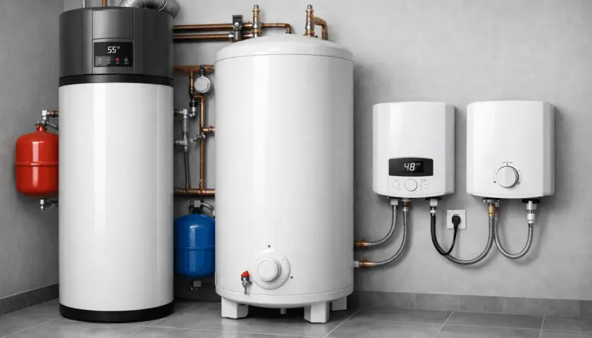 Système de chauffage d'eau moderne avec plusieurs chauffe-eau, prêt pour un remplacement.