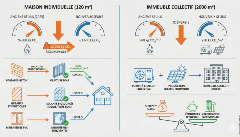 Comparaison des émissions de CO₂ pour une maison individuelle et un immeuble collectif, illustrant les gains potentiels grâce aux nouvelles normes rt 2020.
