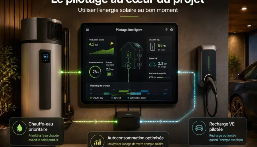 Système de **box gestion énergie solaire** intelligent : chauffe-eau prioritaire, recharge VE optimisée et autoconsommation maximisée.