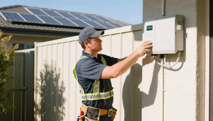 Un technicien ajuste un local onduleur sur un mur extérieur, avec des panneaux solaires visibles sur le toit en arrière-plan.
