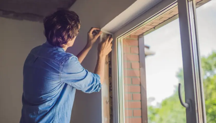 Un homme en chemise bleue ajuste le cadre d'une nouvelle installation fenêtre.