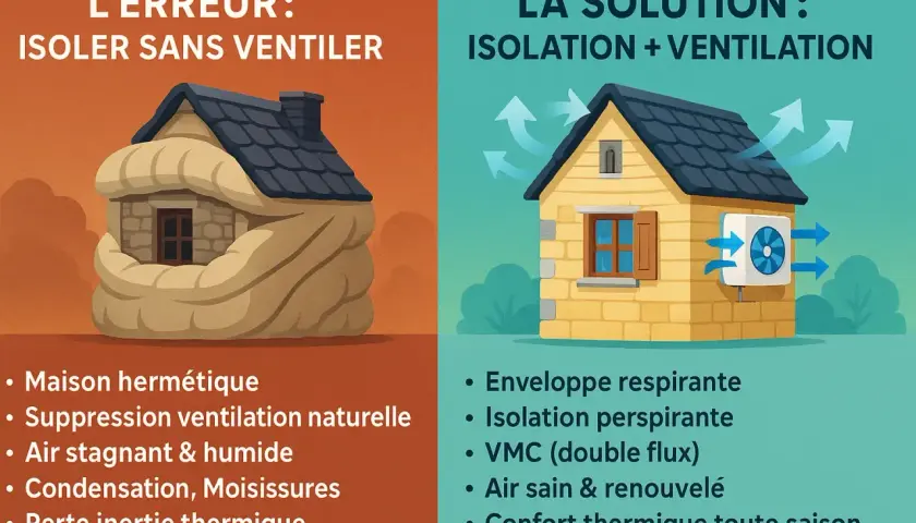 Maison en pierre étouffée par l'isolation sans ventilation, contrastant avec une maison aérée et ventilée. Une bonne rénovation maison pierre allie isolation et ventilation.