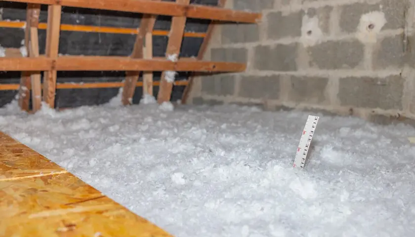 Gros plan sur l'isolation des combles perdus, une épaisse couche de ouate de cellulose recouvre le sol. Une règle mesure l'épaisseur.
