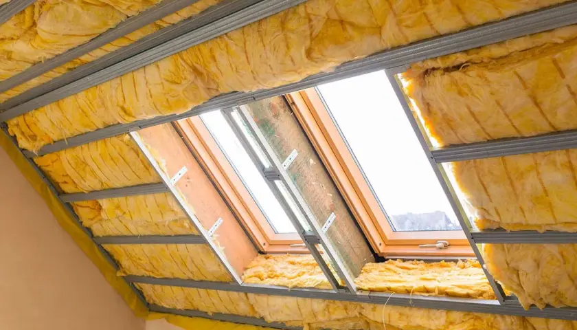 Isolation des combles aménageables avec laine de verre jaune sous une structure métallique. Des fenêtres de toit laissent passer la lumière.