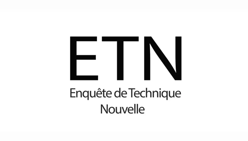 ETN : Enquête de Technique Nouvelle. Ce logo minimaliste, avec ses lettres noires audacieuses sur fond blanc, évoque la recherche et l'innovation.