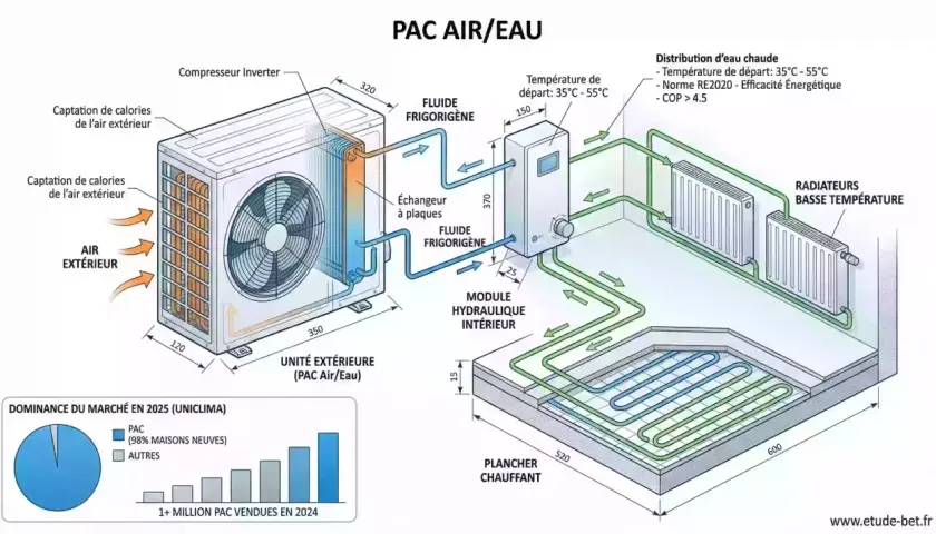 Schéma d'une formation pompe à chaleur air/eau montrant l'unité extérieure, le module intérieur, les radiateurs et le plancher chauffant.
