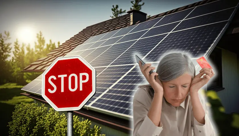 Panneaux solaires sur un toit, panneau STOP et femme stressée avec carte bancaire. Attention à l'arnaque panneaux solaires.