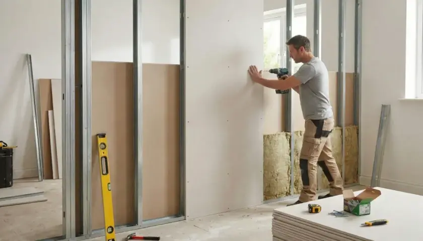 Un homme fixe une plaque de placo sur une ossature métallique. Le schéma de cloison placo est en cours de construction, avec de l'isolant visible.