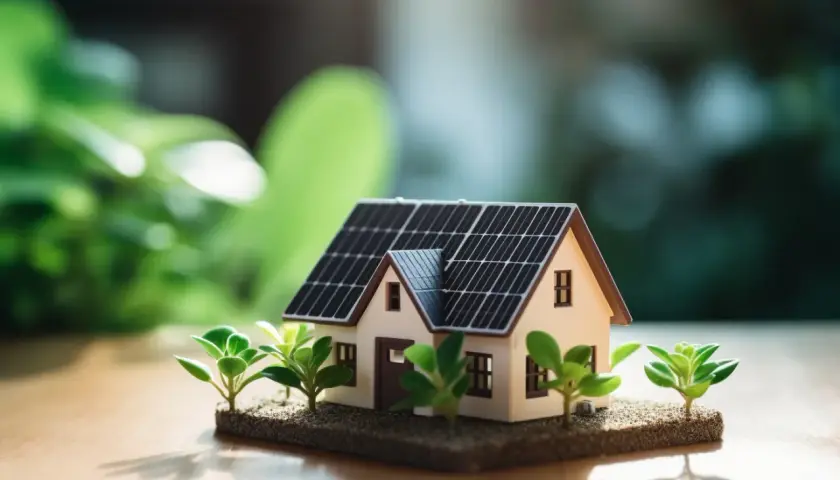 Modèle de bâtiment photovoltaïque avec des panneaux solaires sur le toit, entouré de verdure.