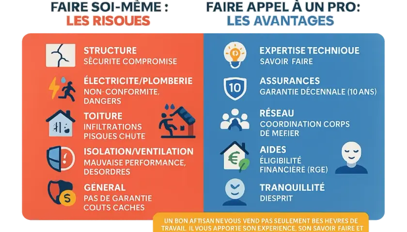 Comparaison des risques du bricolage et des avantages de faire appel à un professionnel pour un ordre travaux rénovation.