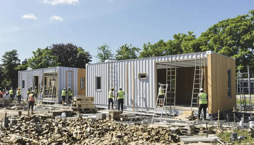 Chantiers de construction d'une maison container. Des ouvriers en gilets de sécurité travaillent sur des modules préfabriqués.