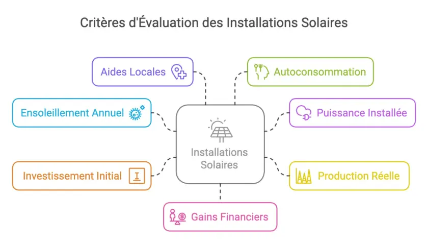 Schéma des critères d'évaluation des installations solaires, incluant l'autoconsommation, la puissance installée, la production réelle, les gains financiers, l'investissement initial, l'ensoleillement annuel et les aides locales pour évaluer la **panne...