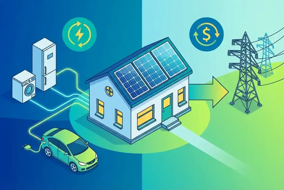 Maison avec panneaux solaires, voiture électrique et électroménagers. Flèche verte vers pylône électrique, symbolisant le tarif rachat électricité.