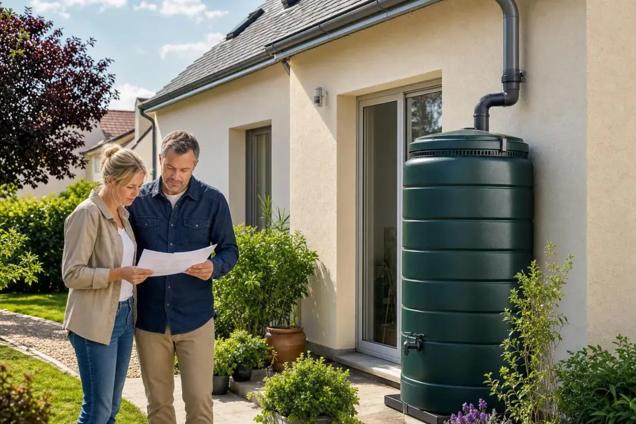 Un couple examine des papiers près d'une installation récupérateur eau de pluie verte, connectée à la gouttière de leur maison.