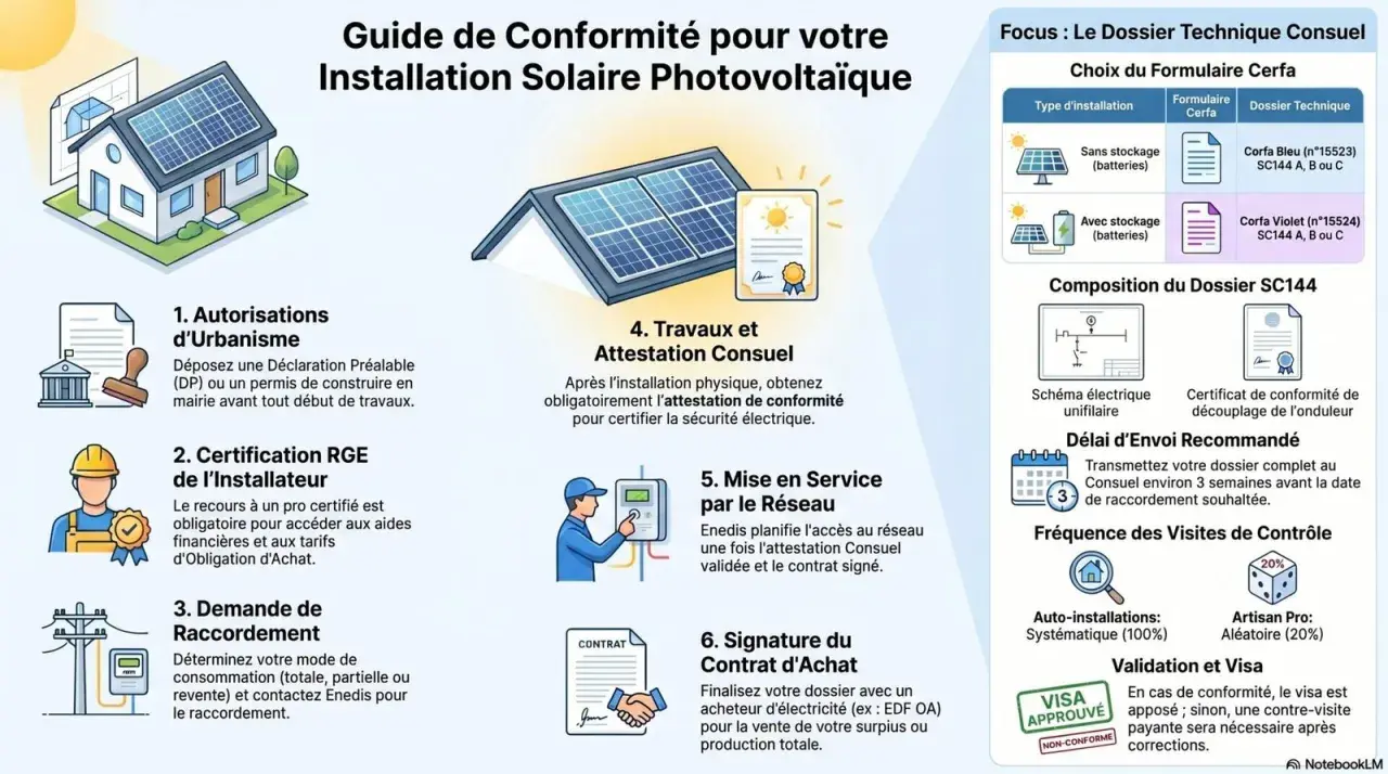 Guide pour l'installation solaire photovoltaïque, incluant les étapes, les formulaires Cerfa (ute c15-712-1) et la composition du dossier.
