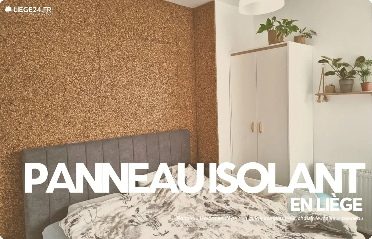 Chambre avec mur en panneau isolant en liège texturé. Un lit et une armoire complètent la pièce.