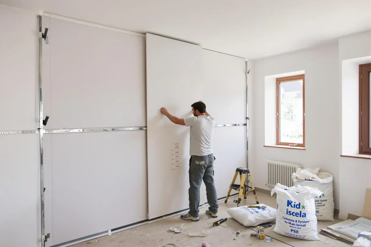 Pose d'une cloison intérieure pour un meilleur isolation phonique. Un ouvrier ajuste un panneau blanc sur une structure métallique.