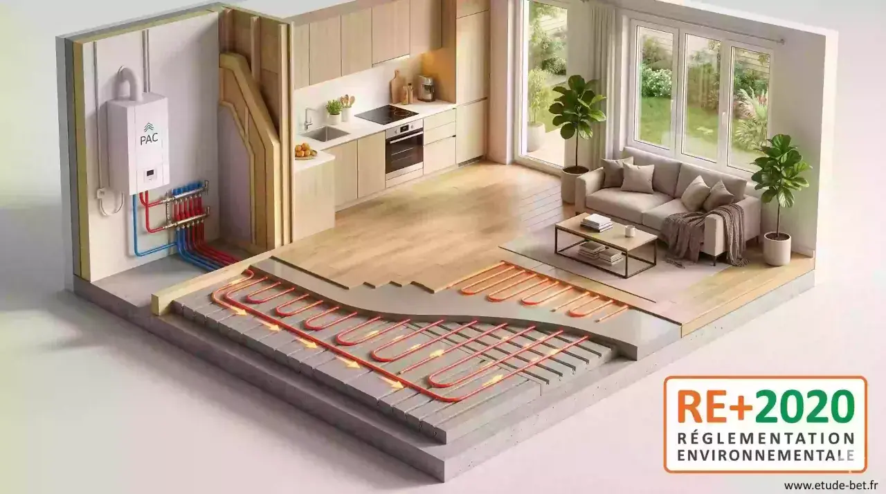 Système de chauffage au sol avec pompe à chaleur (PAC) alimentant un plancher chauffant dans une maison moderne.