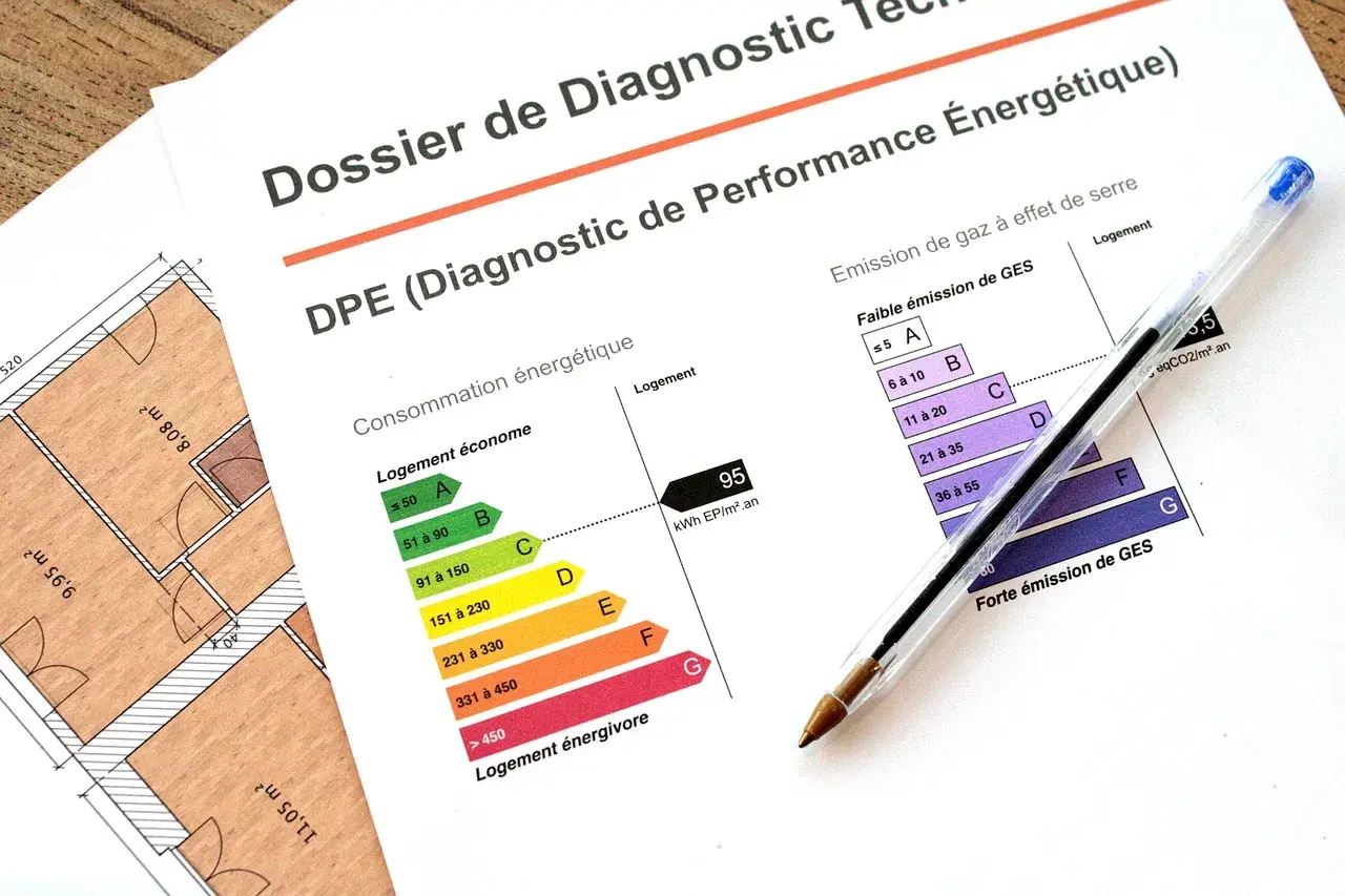 Dossier DPE, avec graphiques de consommation et d'émission de GES, rappelant la norme RT 2012.